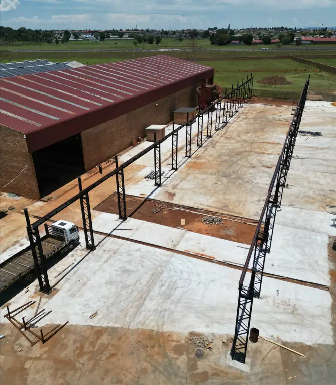 Factory 2 Structural Uprights Installed with Runway Beams in Place, Ready for Crane Installation