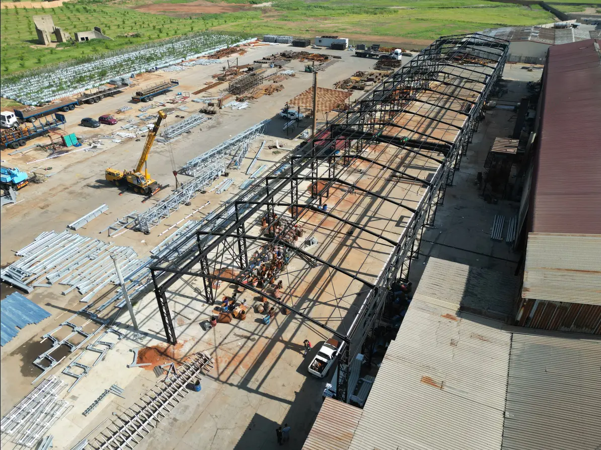 Factory 2 Roof Truss Installation with Crane Structures Positioned