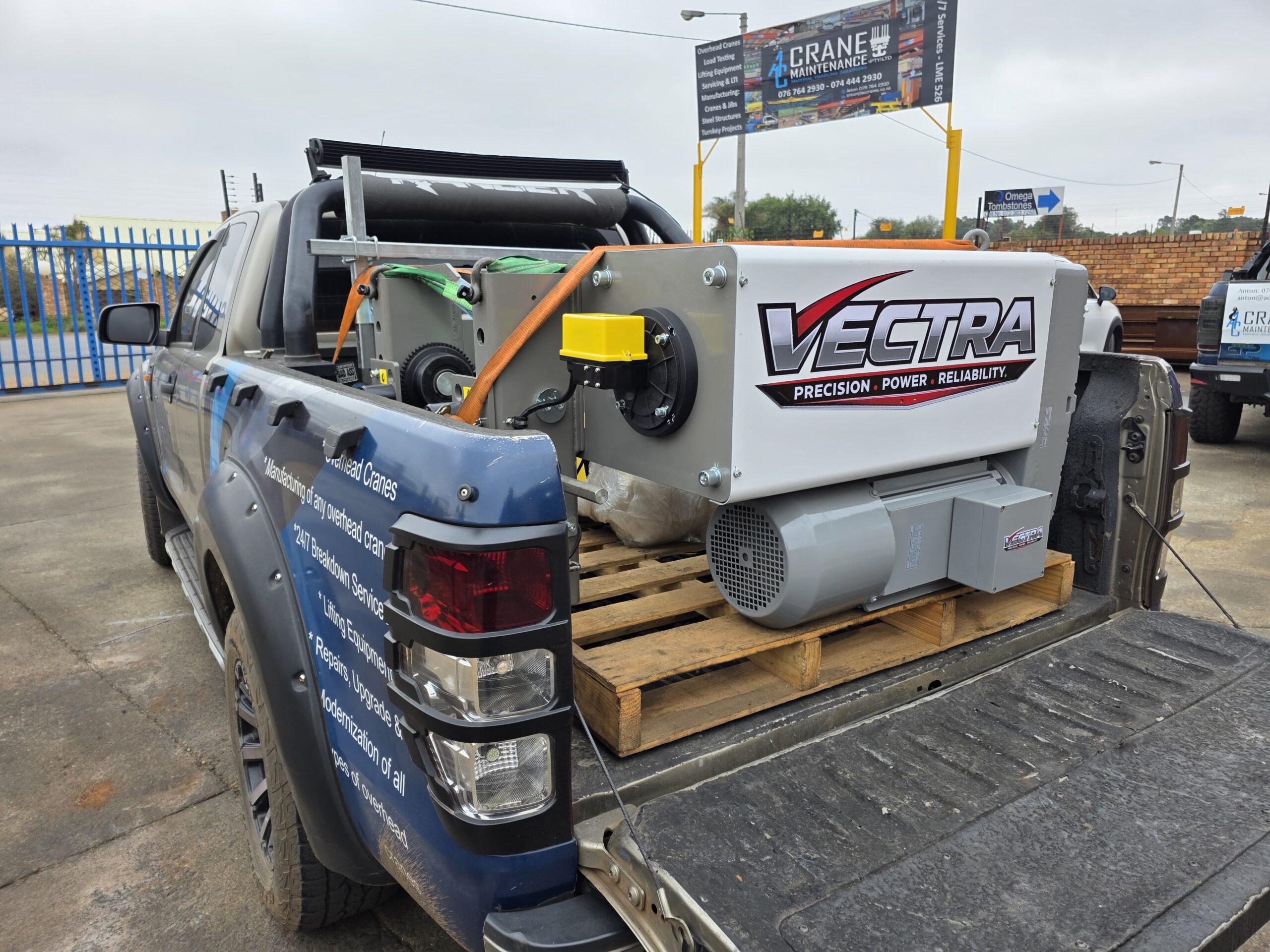 New electric hoist loaded onto a bakkie